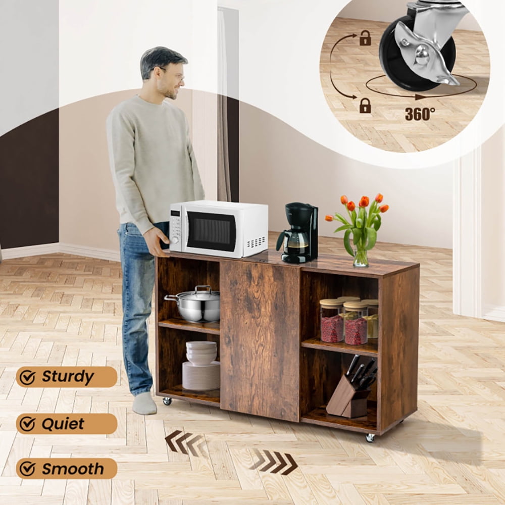 Finihen Storage Cabinet, Wood Storage Cabinet with Wheels and 6 Compartments, for Living Room, Rustic Brown