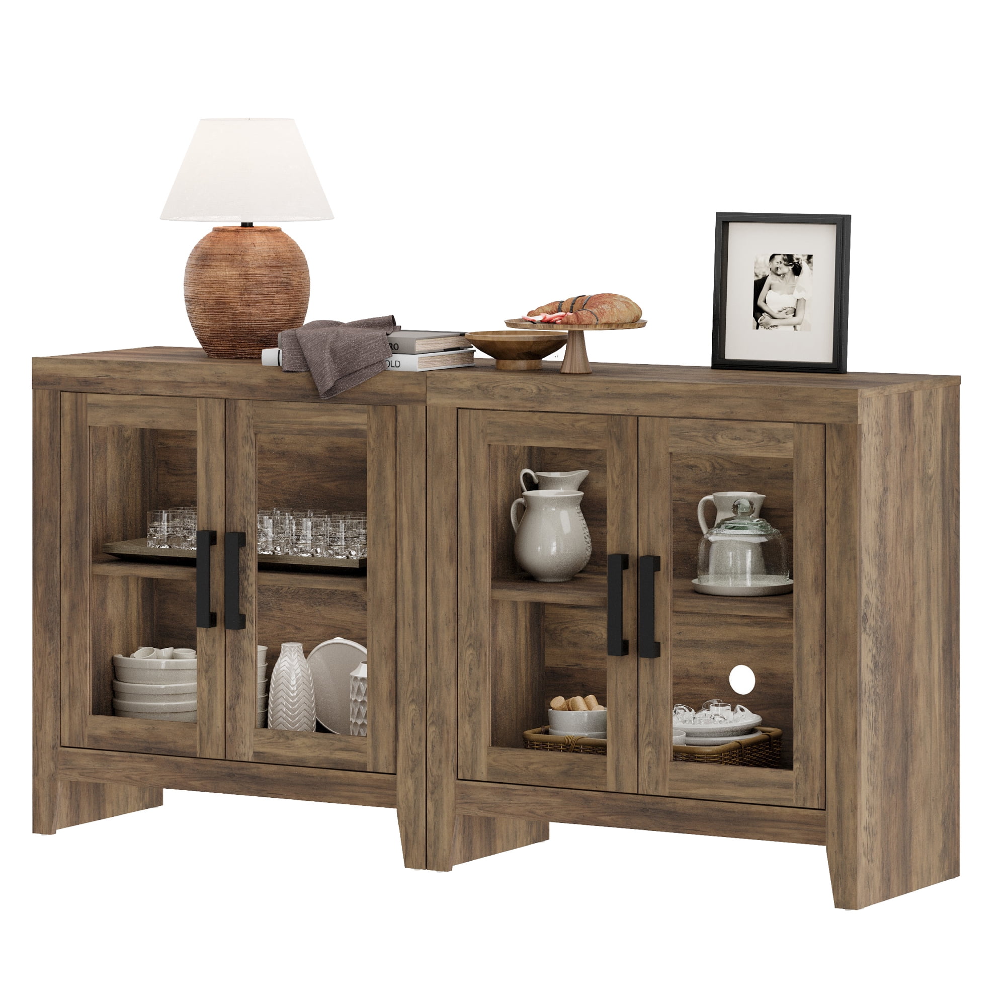 WAMPAT Modern Farmhouse TV Stand up to 70"TV, Entertainment Center with Tempered Glass Doors & Adjustable Shelves, Brown