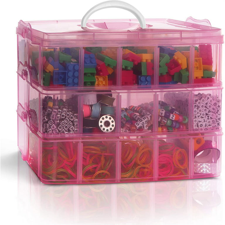 3-Tier Pink Craft Storage Container Box, Casewin Stackable Organizer Box  with Dividers for Art Supplies, Fuse Beads, Washi Tapes, Beads, Hair