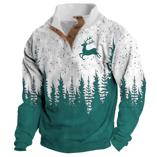 Sudadera sin capucha para hombre, moda, bolsillos, manga larga, estampado navideño, sudadera con capucha, blusa de poliéster para hombre.
