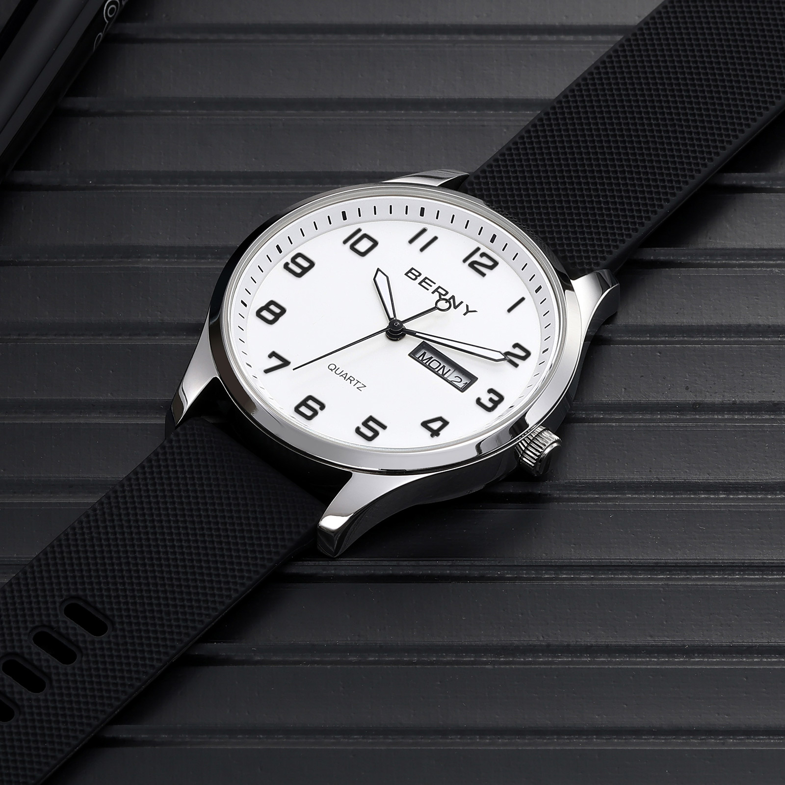 BERNY Modern Quartz Watch for Men Casual Easy Read Wristwatch with Arabic Numeral Watch Dial, Silicone Strap and Day & Date Calendar-White Dial
