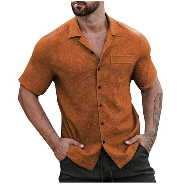 VSSSJ Mens Textured Short Sleeve Button Down Shirt Casual Relaxed Fit Collared Pocket Breathable Comfortable Shirt Stylish Summer Tops for Men Orange M