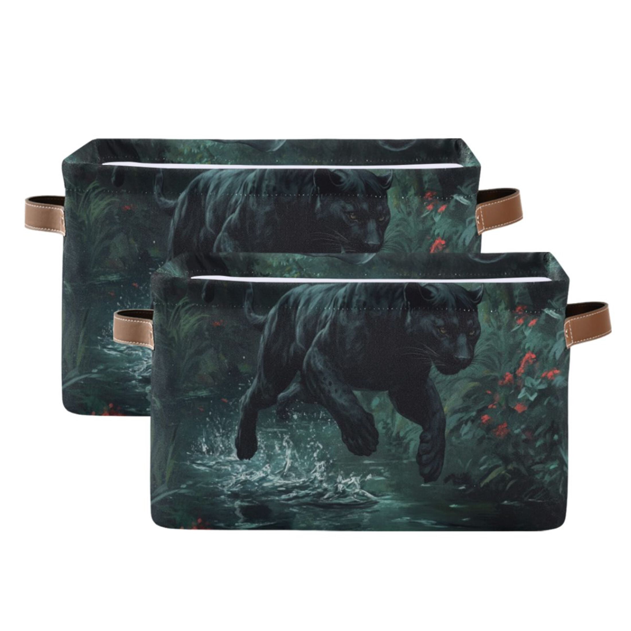 WOBOGO Black Panther Leaping over Water Square Storage Basket with Waterproof Canvas and PE Lining Durable PU Leather Handles 14.2×10.2×8.3in