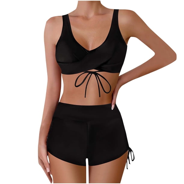 Traje de Baño de Mujer Más Tamaño Bikini de Color Sólido Traje de Baño Dividido, Poliéster Spandex para la Playa Del Verano Y la Piscina