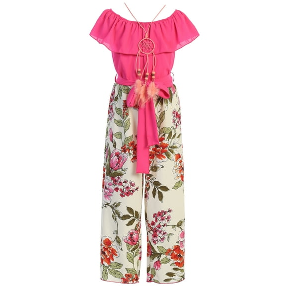 Little Girls Sleeveless Off Shoulder Jumpsuit Ruffle Floral Summer Romper Jumpsuit Fuchsia 4 (2J1KS91)
