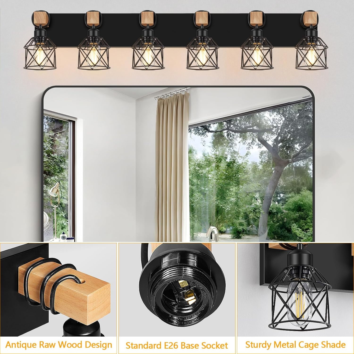 6-Light Farmhouse Bathroom Lighting Fixtures, Wood Black Vanity Lights Over Mirror, Rustic Wall Sconces Lighting with Metal Lampshade, Vintage Wall Lights for Bedroom, Living Room, Hallway