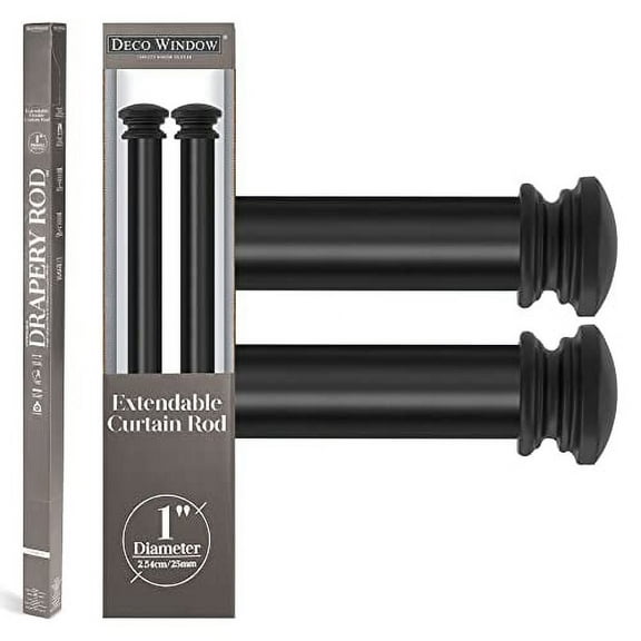 Deco Window 2 Pcs 52 to 144 inches Extendable Curtain Rod for Windows with Endcap Finials (25mm Dia, Black)