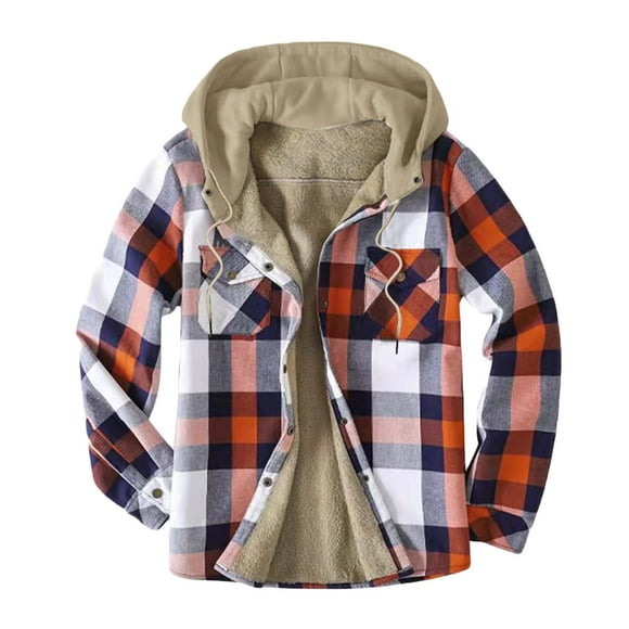 yievot Men's Cotton Plaid Shirts Jacket Fleece Lined Flannel Shirts Sherpa Button Down Jackets with Hood for Men