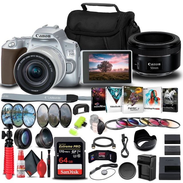 Canon EOS 250D / Rebel SL3 DSLR Camera with 18-55mm Lens (Silver) Travel Vlogger Bundle