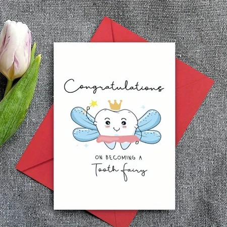 Congratulations Tooth Fairy Card – Adorable Design with Crowned Tooth Character – Blank Inside, Envelope Included – Perfect for Celebrating New Tooth Fairy Milestones