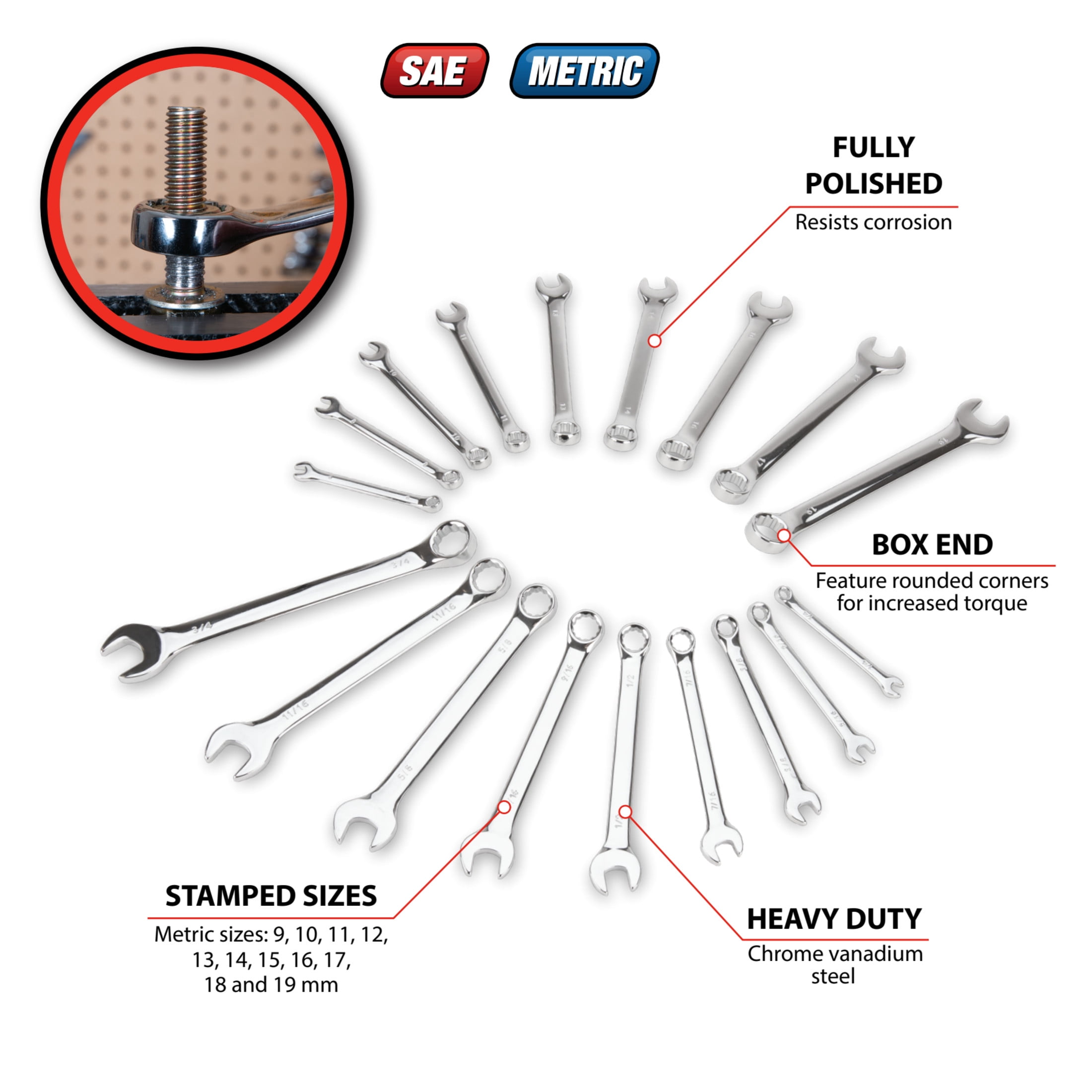 Performance Tool W1077 Combination Wrench Set - Chrome Vanadium Steel, SAE and Metric, 6-18mm, 1/4 - 3/4 inch, Mechanic Wrench Set, Automotive Repairs
