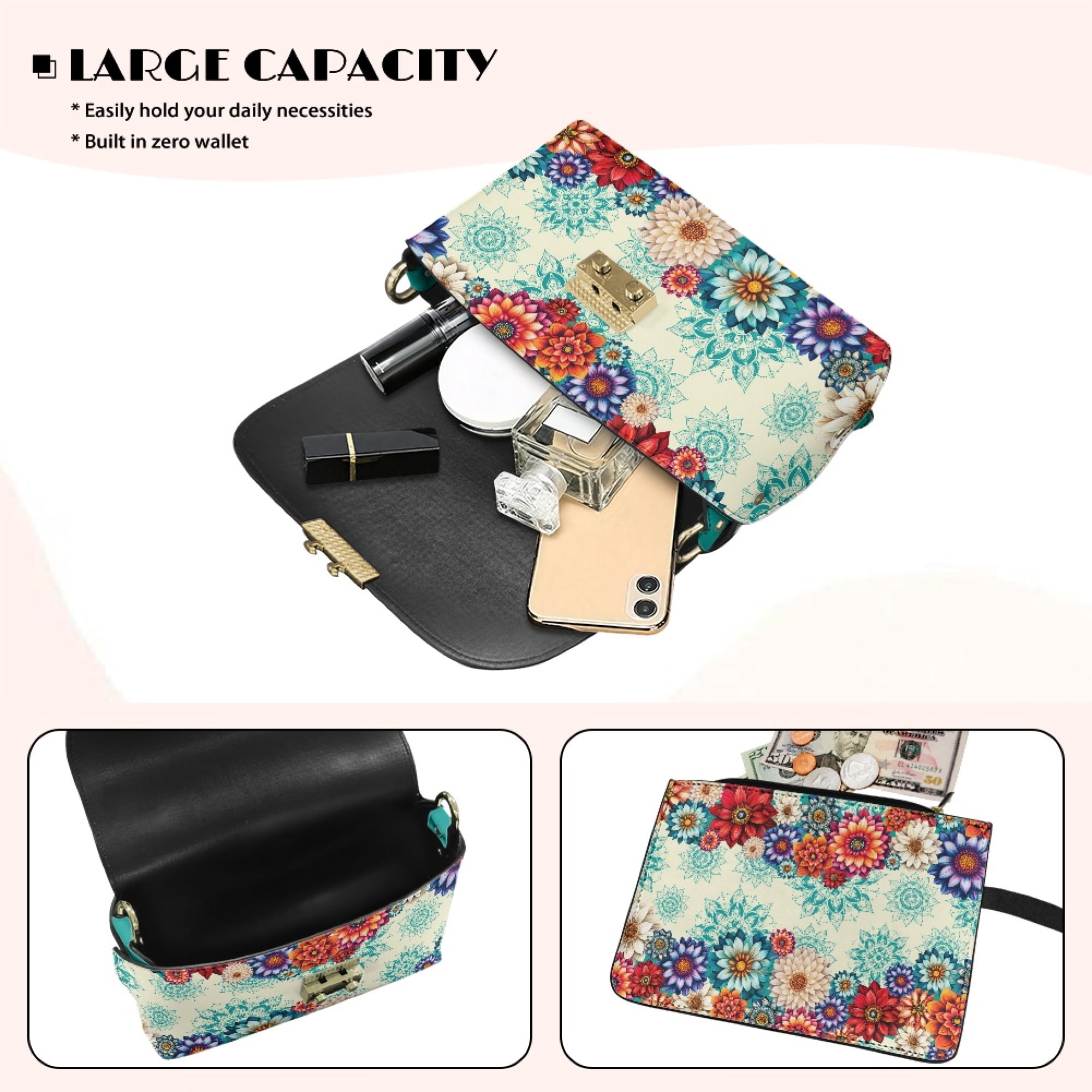 TSOVTHRID Women's Crossbody Handbags Leather Waterproof Crossbody Bags for Women Trendy Cross Body Bag with Detachable Chain, Boho Mandala Flower Turquoise Print