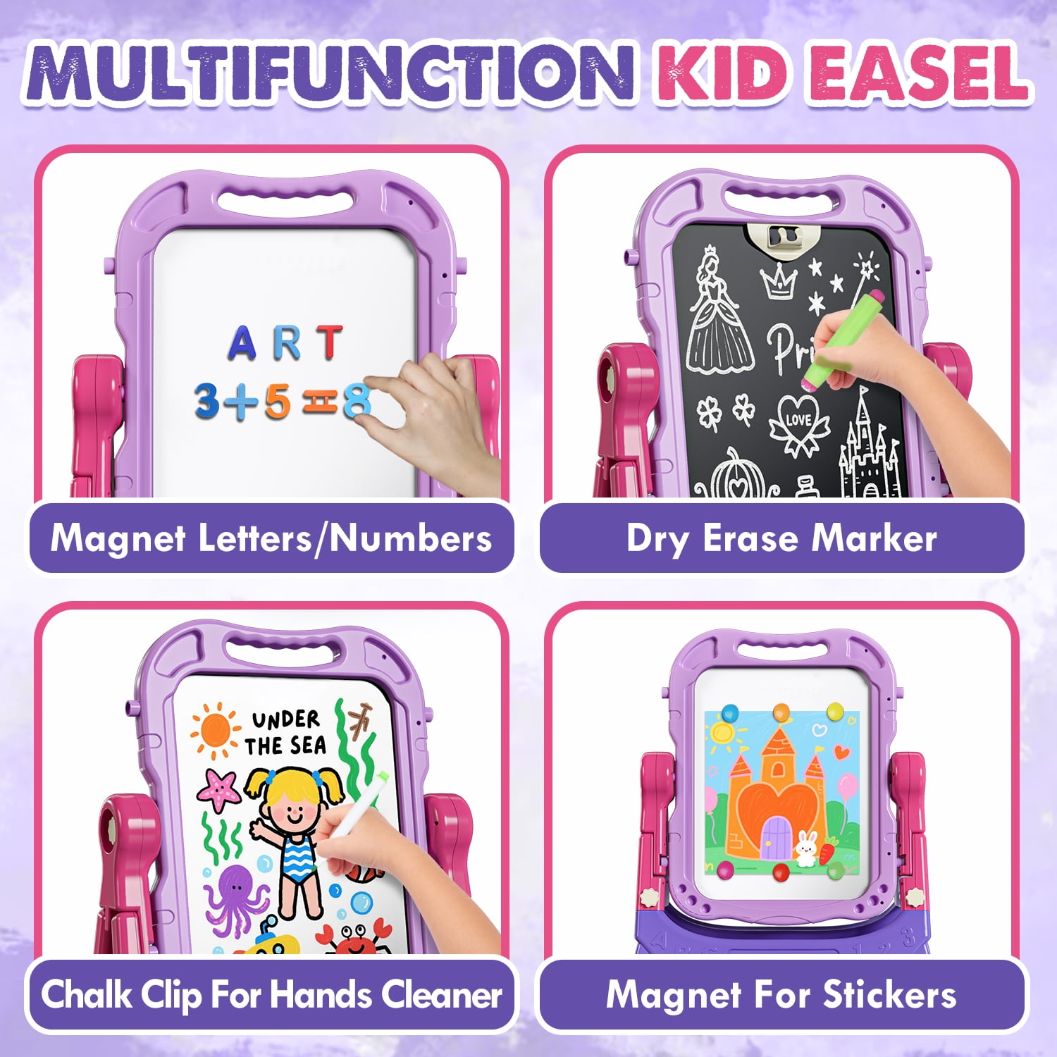 Easel for Kids, Kids Easel 4 in 1 Rotatable Double Sided Adjustable Standing Art Easel Drawing Board White Board Chalkboard for Toddlers Boys Girls with Painting Accessories - Purple