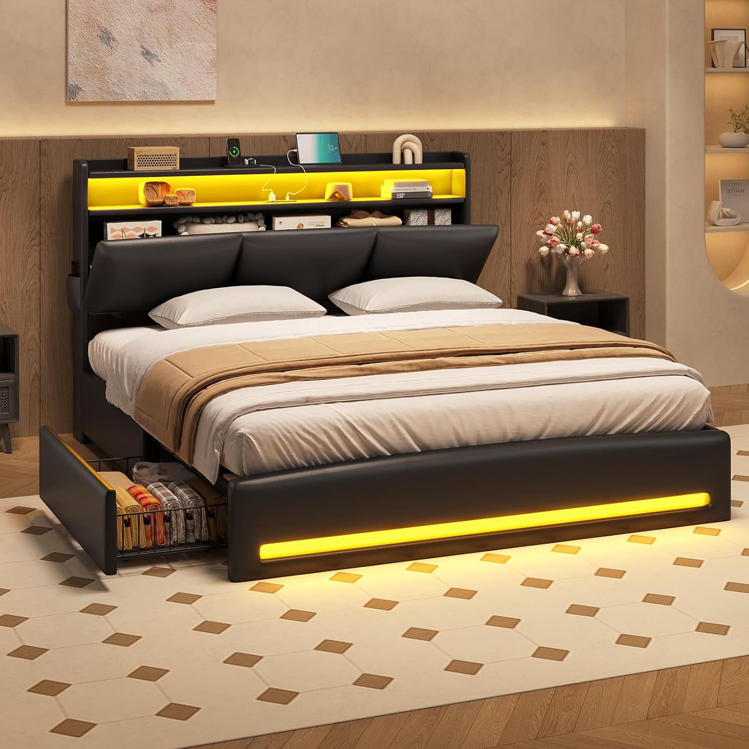AOGLLATI Full Size Platform Bed Frame with 4 Storage Drawers, Upholstered PU Leather Headboard with Hidden Compartment, Integrated Led Lights & Charging Station, Black