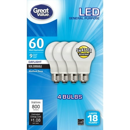 (12 Total) Great Value LED General Purpose Bulbs, 9W (60W Equivalent), Soft White Shatter