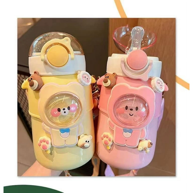 Bear Straw Bottle, Bear Water Bottles with Adjustable Shoulder Strap Cute Stickers,Portable Drinking Cup for Girls Boys School Office Travel, Size