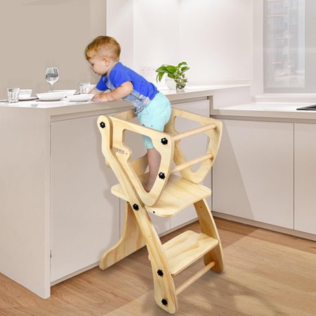 Toddler Standing Tower, 2 in 1 Wooden Kids Learning Tower with Safety Rails, Adjustable Height Kid Kitchen Step Stool