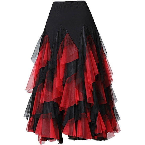 Byfri Red Spanish Flamenco Dance Skirt, Long Swing Ballroom Waltz Tango Costume, 87-90cm
