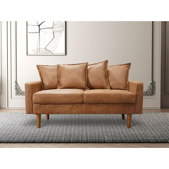 Koby Home 58" Mid-Century Loveseat Sofa Seat Faux Leather Sofas Couches 2-Seater Camel Brown