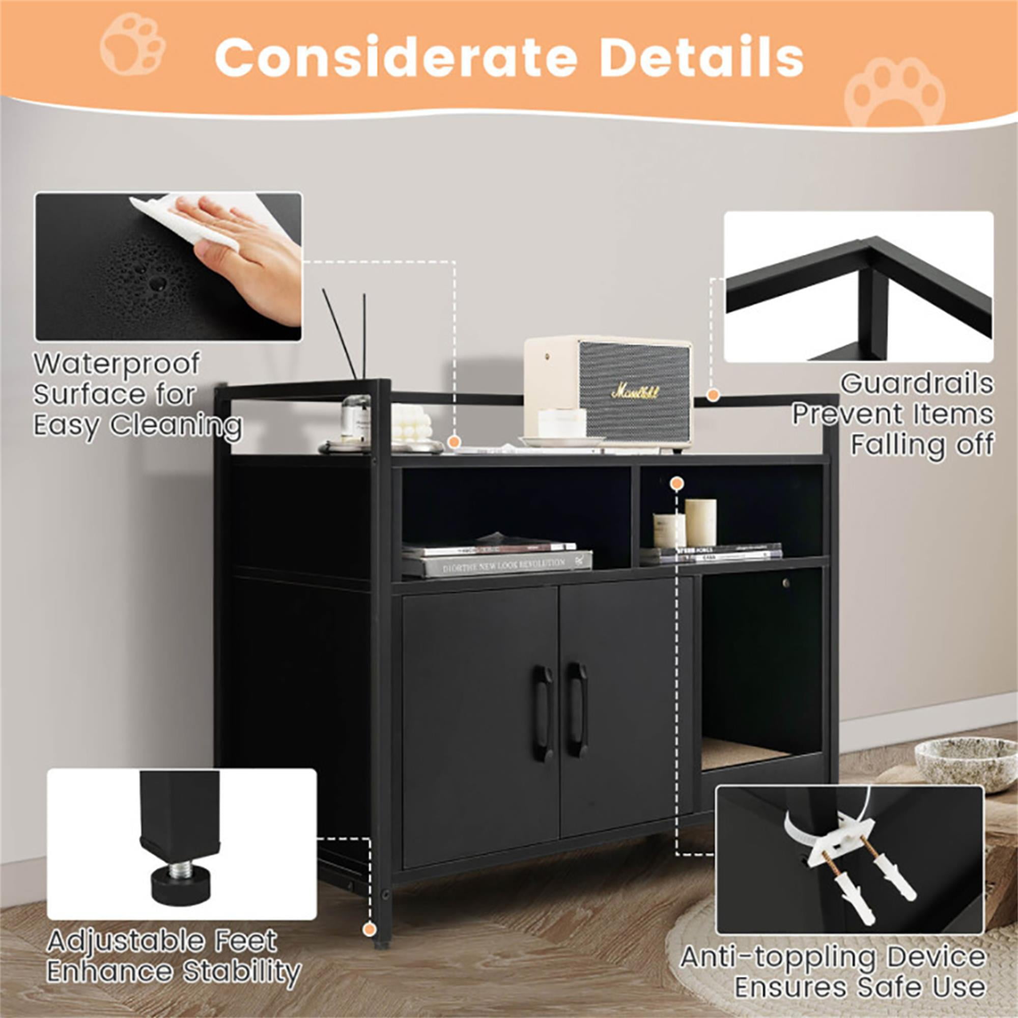 Kadyn 35" Hidden Cat House Washroom with 2-Doors and Scratch Cardboard, Wooden Cat Litter Box Enclosure Furniture, Black