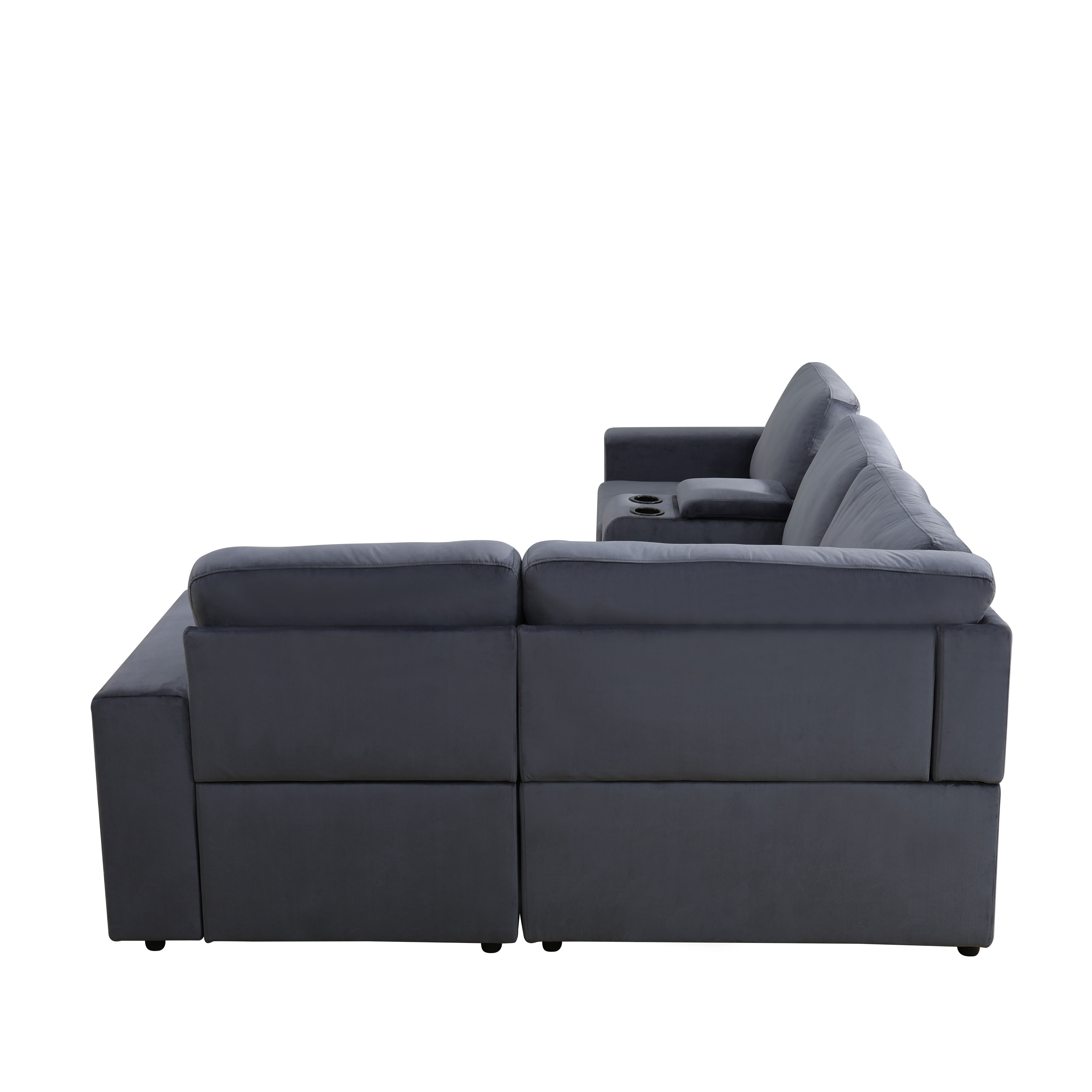 MAYEERTY Modular Corner Sofa, Flocking Fabric Couch with Console & Cup Holders, Dark Grey