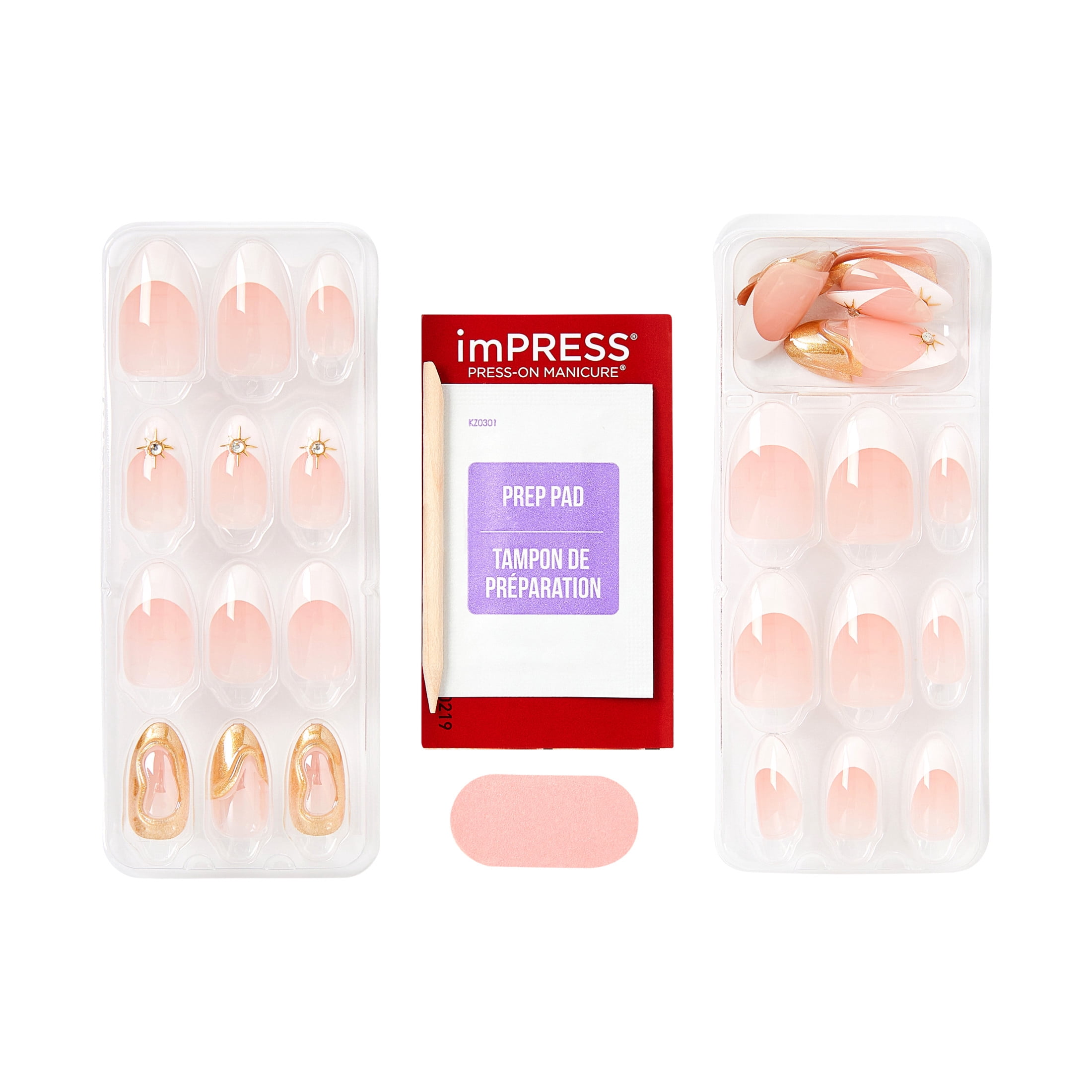 Kiss Impress Premium Medium Almond Press on Nails, White & Gold, 30 Pieces
