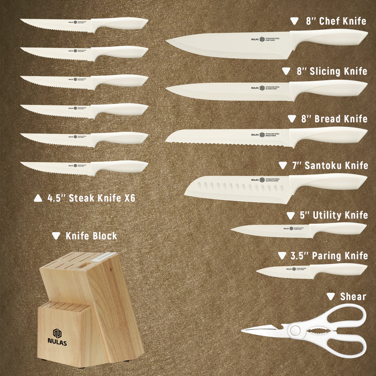 NULAS Knife Set, 14-Piece with Built-in Sharpener, Non-Stick Coated High Carbon Stainless Steel Knife Block Set, Dishwasher Safe, Cream
