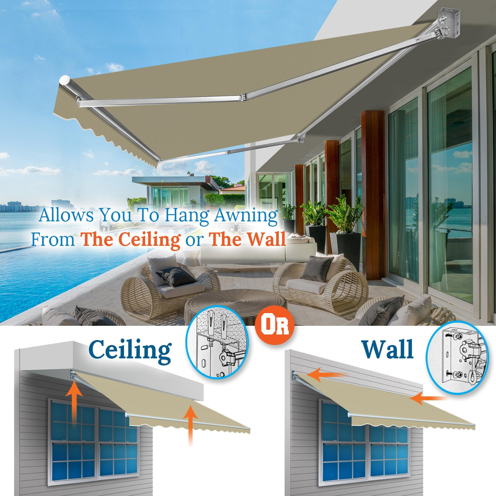 SUNNYOUTDOOR 10x8 FT Patio Awning Retractable Outdoor Sun Shade Manual Patio Deck Awning Heavy Duty Awning (Beige)