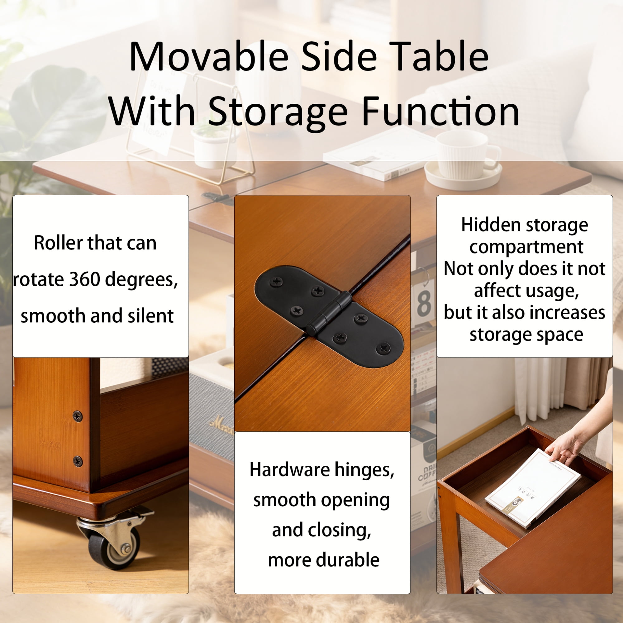 Leumius Bamboo Folding Edge Table with Movable Storage, Foldable Tabletop for Beds and Sofas, Saving space, Multiple Storage Spaces, Natural