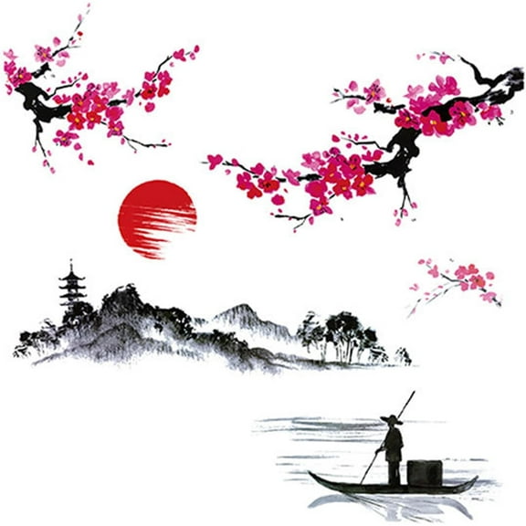 Large Japanese Wall Decor Stickers, Red Cherry Blossom Tree Wall Murals Mountain River Fisherman Peel and Stick 3D Art Stickers for women Bedroom Nursery Living Room TV Home Decor
