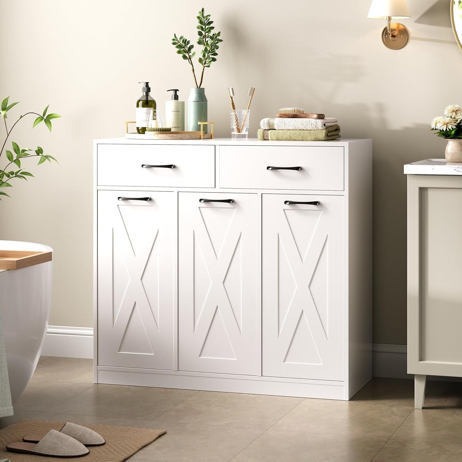 Laundry Hamper Cabinet, Laundry Basket 3 Section with 2 Storage Drawers, Laundry Sorter with Pull-Out Removable Large Bags, 3 x 15.87 Gallons (60L), for Laundry Room Bathroom, White YL01XLW