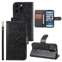 Nalacover Wallet Case for iPhone 14 Pro, Camellia Pattern Premium Elegant PU Leather Wrist Strap Shockproof Flip Cover with Card Slots Holder Magnetic Clasp Kickstand Bracket Folio Case,Black