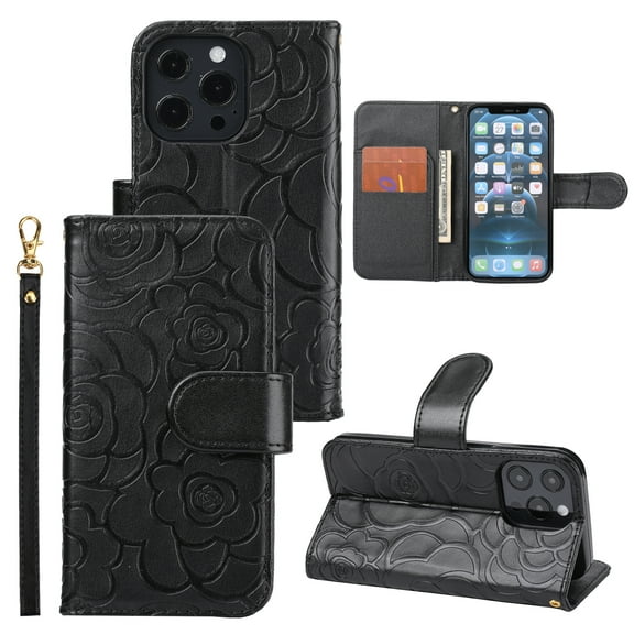 Nalacover Wallet Case for iPhone 14 Pro, Camellia Pattern Premium Elegant PU Leather Wrist Strap Shockproof Flip Cover with Card Slots Holder Magnetic Clasp Kickstand Bracket Folio Case,Black
