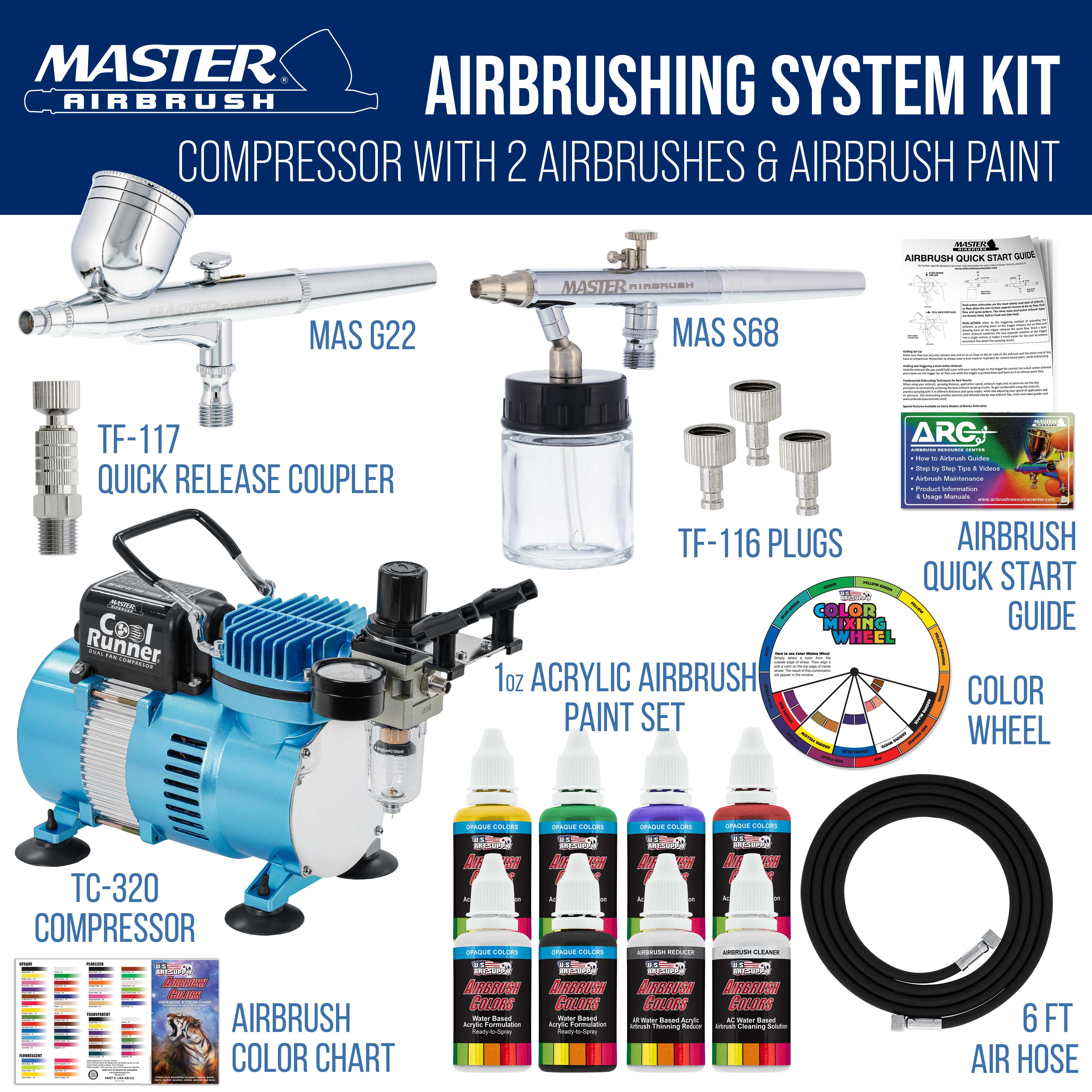 Master Airbrush Cool Runner II Dual Fan Air Compressor Airbrushing Acrylic Paint System Kit with 2 Professional Airbrushes, Hose - 6 Primary Acrylic Paint Colors Artist Set - How To Guide