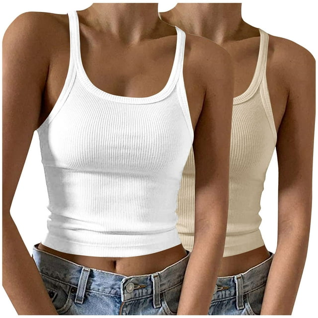 Yuyuzo Womens Crop Tank Tops Ribbed Knit Summer Sleeveless Basic Tees Athletic Sports Going out Tops 2 Pack