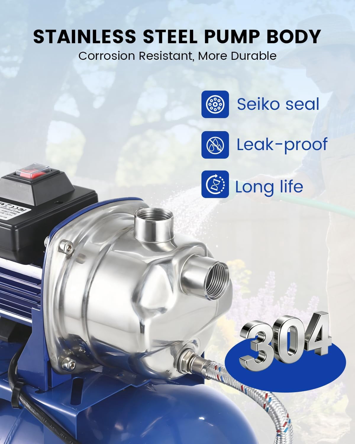 QinaQin Shallow Well Pump with Pressure Tank,Powerful 1.6HP 1320GPH High Flow,164ft Max Head,Stainless Steel Construction,Auto Pressure Switch for Home Farm ,Blue