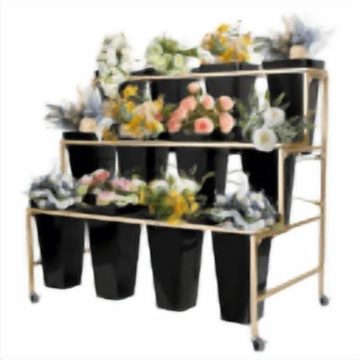 Three-Layer Flower Display Stand with Buckets, Movable Metal Flower Bar, Flower Cart Display Stand with Wheels Suitable for Flower Shops, Terrace Gardens, Weddings and Other Events, Easy to Install