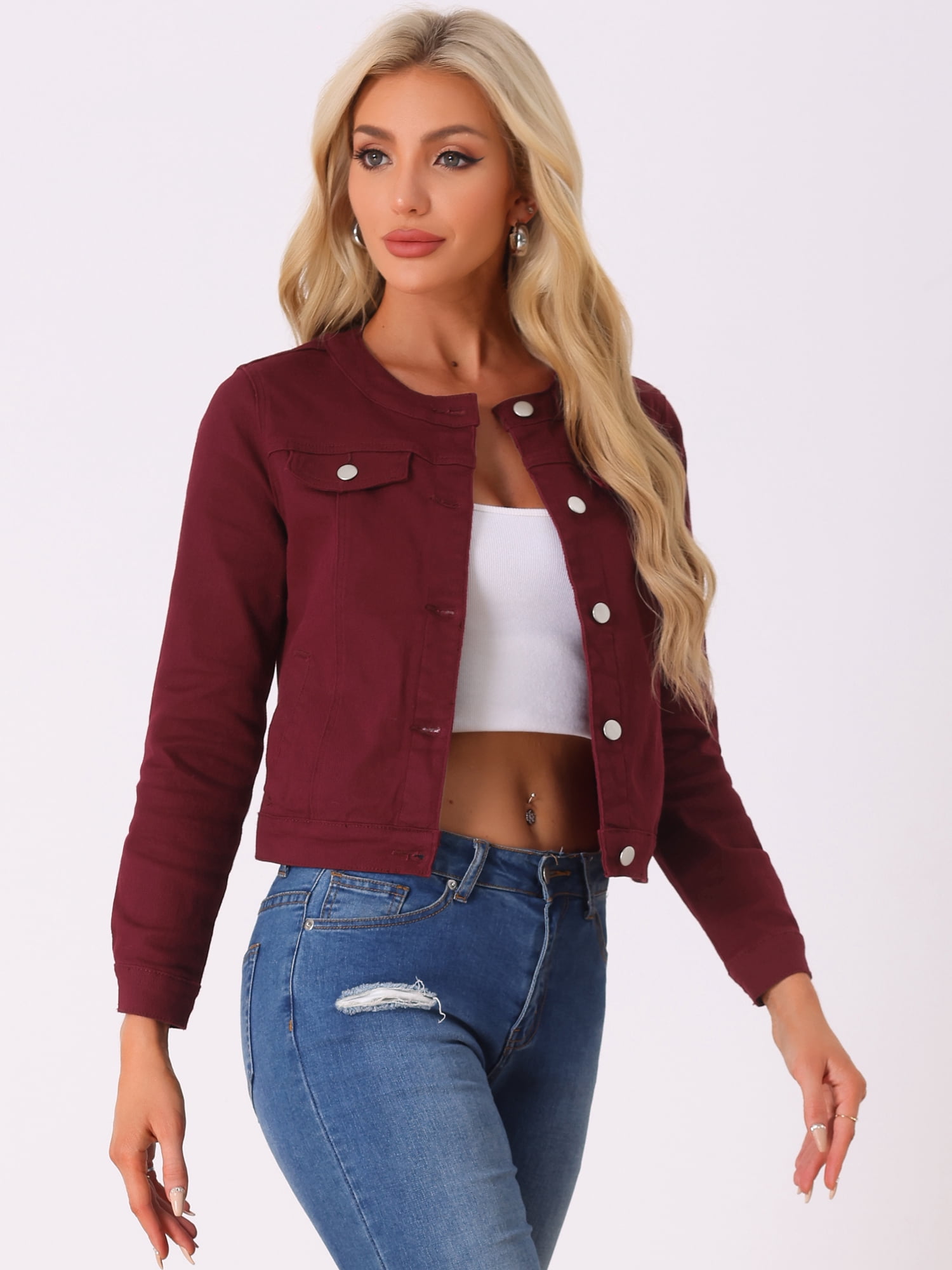 DARING DIVA Women's Button Down Collarless Cropped Denim Jacket L Dark Red