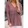 thumbnail image 2 of Blusa con botones y volantes y dobladillo suelto para el hogar y la oficina, color rosa, talla S - Blusa de manga larga con escote en V y mezcla de poliéster, 2 of 7