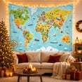 thumbnail image 3 of Bright World Map with Landmarks, Animals and Compass, Whimsical Illustration for Geography Fans, Travel Poster Decor, Housewarming Gift, Tapestry Wall Hanging for Bedroom and Living Room, 3 of 7