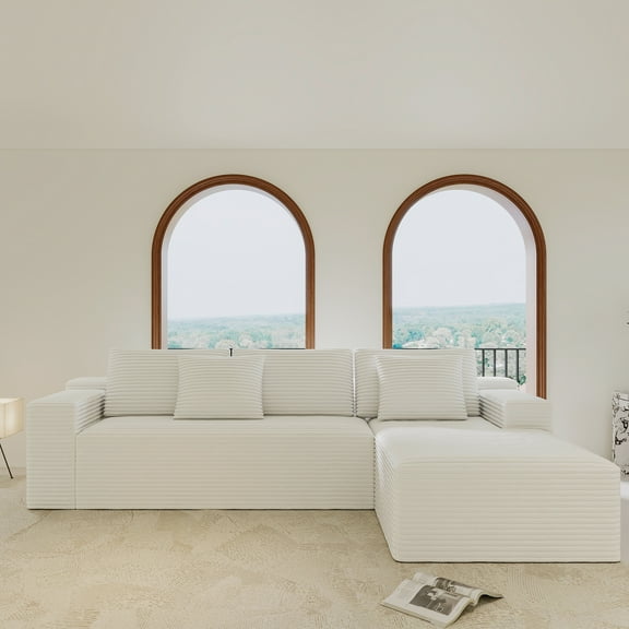 107" Cloud Sectional Sofa with L-Shape Chaise, Plush Corduroy Fabric Modular Couches for Living Room, No Assembly Required, Deep Seating Upholstered Sofa, White