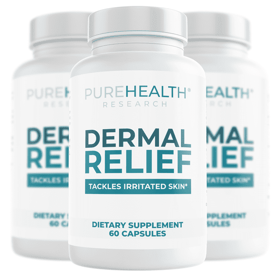 Dermal Relief Supplements for Irritated Skin, Eczema and Dermatitis with L-Histidine, Ashwagandha Root Extract, Rhodiola Crenulata, Vitamin D and E by PureHealth Research, x3