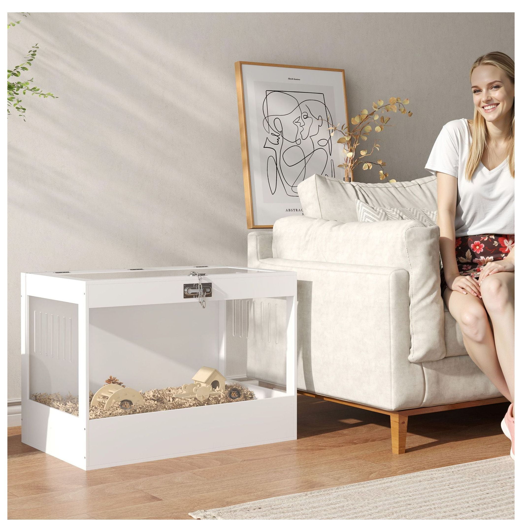 Hamster Cage with Openable Top & Lock, Hut, Transparent Acrylic Panels, Accessories, for Dwarf Hamster Gerbil, White