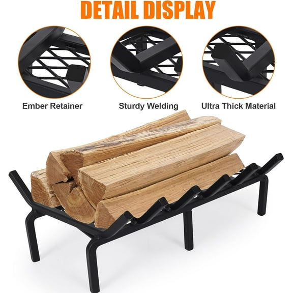 20 Inch Fireplace Grate with Ember Retainer,Cast Iron Fireplace Log Grate,Fireplace Log Holder,Heavy Duty Solid Steel Fireplace Wood Holder,Wood Stove Wrought Rack for Indoor Hearth Outdoor Fireplace