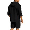 thumbnail image 4 of IWRICH Men's 2 Piece Linen Set Casual Long Sleeve Button down Hoodie Shirts and Shorts Sets Fashion Summer Beach Outfits Black XXL, 4 of 5