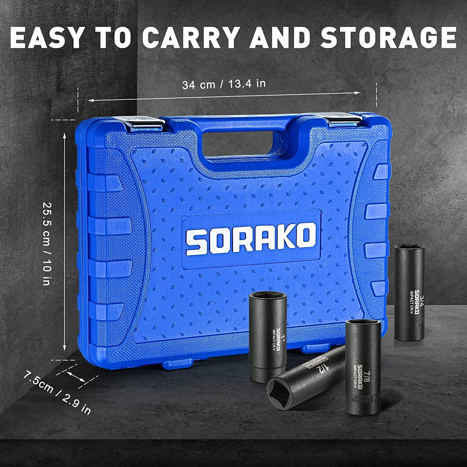 SORAKO Impact Socket Set 1/2” Drive, 16 Pcs Deep Socket Set, Include 14 PCS SAE Impact Sockets