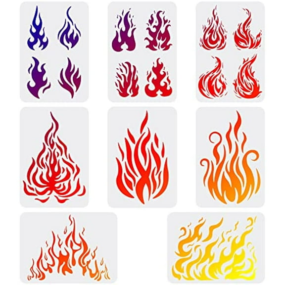 8pcs Flames Drawing Painting Stencils Templates Fire Theme Templates Decoration Fire Drawing Stencil for Painting on Wood Floor Wall and Fabric