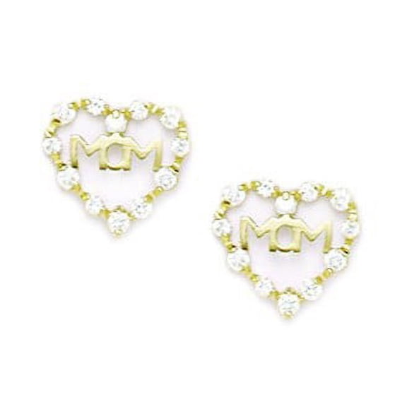14k Yellow Gold Cubic Zirconia Heart Mom Screw-Back Earrings - Measures 10x10mm