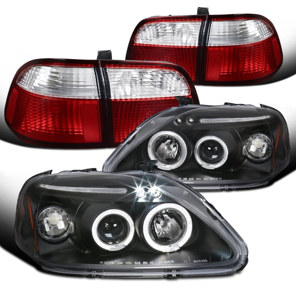 Spec-D Tuning Smoke Halo Projector Headlights W/ LED Driving Fog Lamps Compatible with Honda Civic 4Dr Left   Right Pair Headlamps Assembly