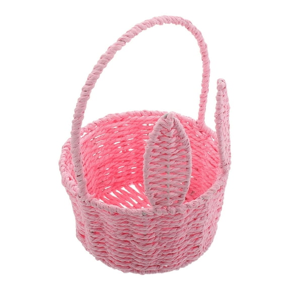 Wicker Easter Basket Easter Bunny Woven Basket Egg Hunt Rabbit Eggs Tote Bags Fruit Basket Cute Rabbit Picnic Hamper for Easter Spring Party Pink